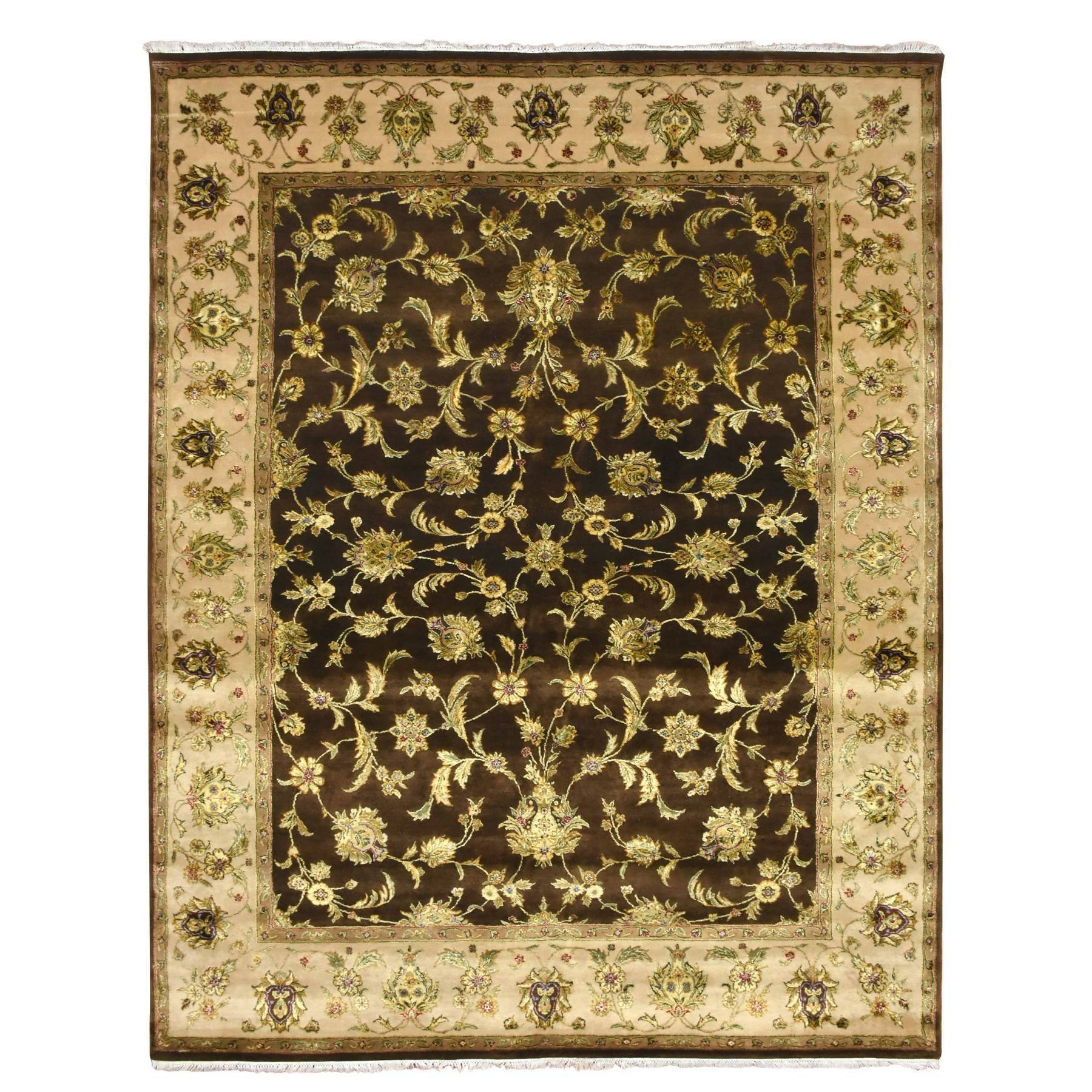 Coffee Brown, Rajasthan with All Over Leaf Design, Hand Knotted, Wool and Silk, Soft Pile, Thick and Plush, Oriental Rug